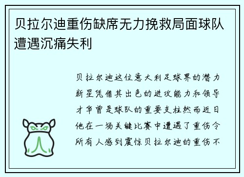 贝拉尔迪重伤缺席无力挽救局面球队遭遇沉痛失利