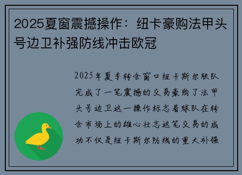 2025夏窗震撼操作：纽卡豪购法甲头号边卫补强防线冲击欧冠
