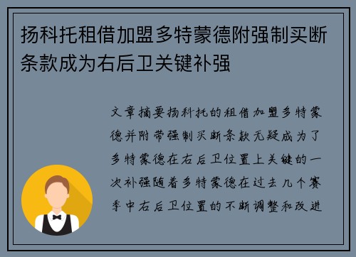 扬科托租借加盟多特蒙德附强制买断条款成为右后卫关键补强