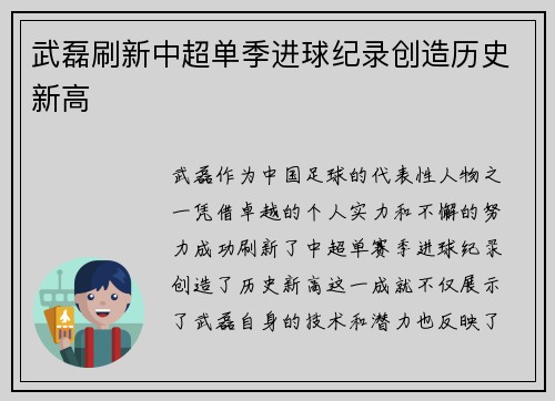 武磊刷新中超单季进球纪录创造历史新高